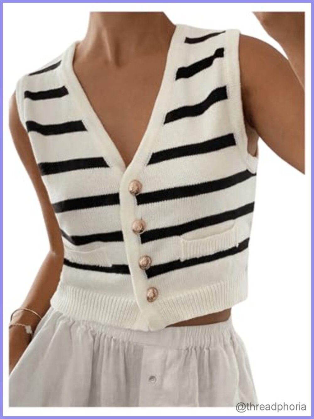 Striped Button Up Cropped Sweater Vest Sleeveless V-Neck